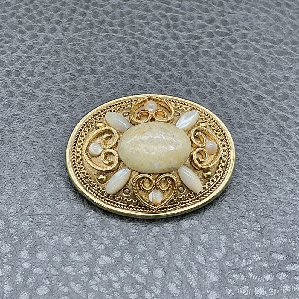 Michal Golan Gold Tone Oval Brooch Pin White Cabochon Hearts Signed Costume